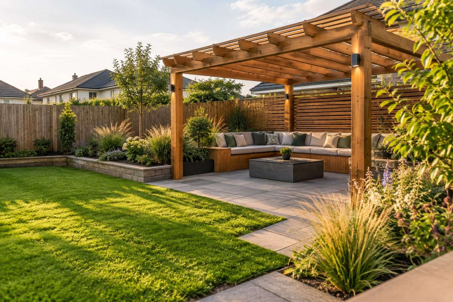 Timber pergola and granite patio (illustration)